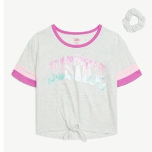 🔴 3/$12 Justice Gray and Pink Tie-Front T-Shirt with Hair Tie! NWT!‎